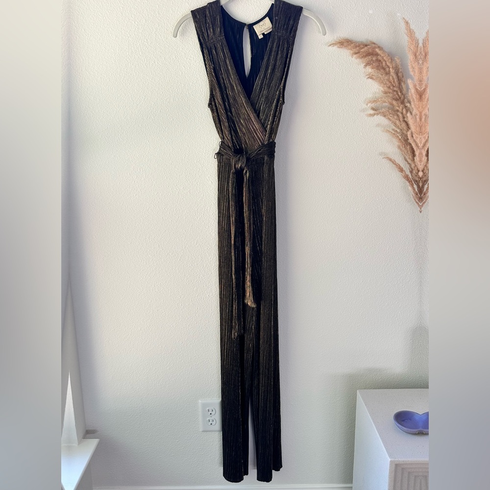 VaneesaVirginia by Anthropologie, gold shimmer jumpsuit with black undertone, XS